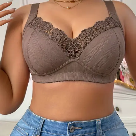 Plus Size Wireless Bra, Full Coverage Lace Support Bra, Ruched Edge, Lifts and Shapes, Ideal for Daily Wear, Comfortable Fit