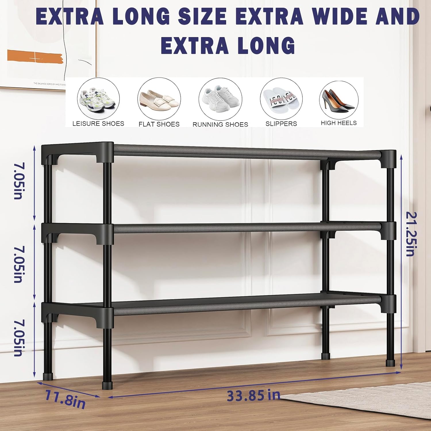 Long Shoe Rack - 3 Tier Shoe Organizer for Closet, Entryway, Garage - Stackable and Free Standing - Space Saving Small Shoe Slves