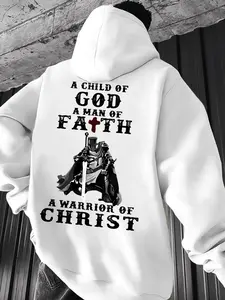 Sporty Hoodie with Knight Cross Faith Print, Long Sleeve Loose Fit, Casual Pop Art Design, Unisex All-Season Apparel