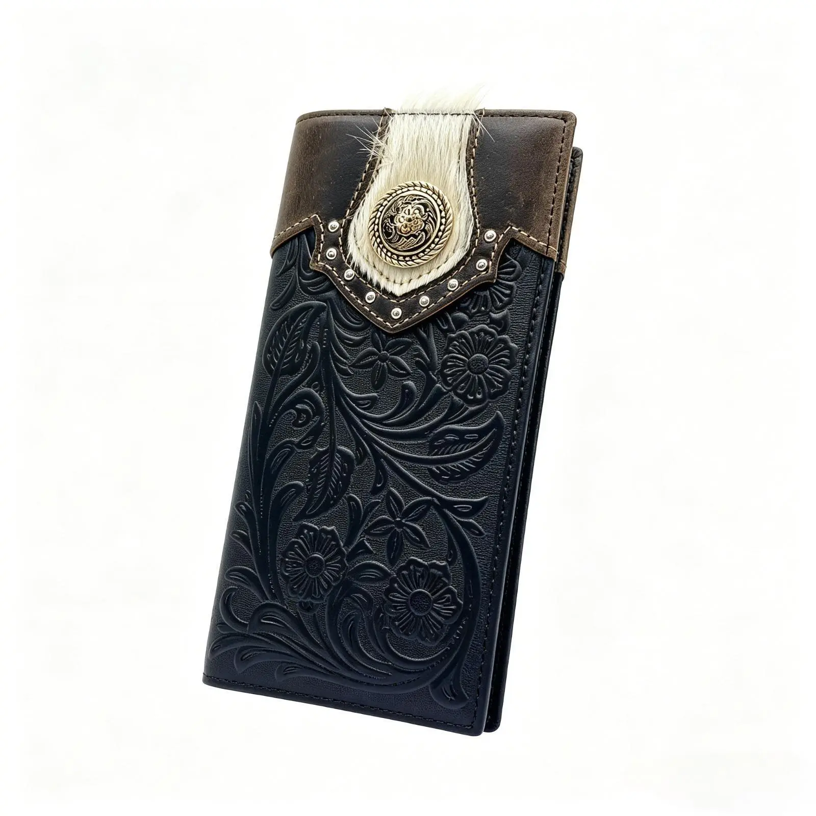 Genuine Leather Long Bifold Wallets Western Cowboy Floral Embossed Cowhide Leather Checkbook Card Holder, Gift For Boyfriend Husband Father's Day