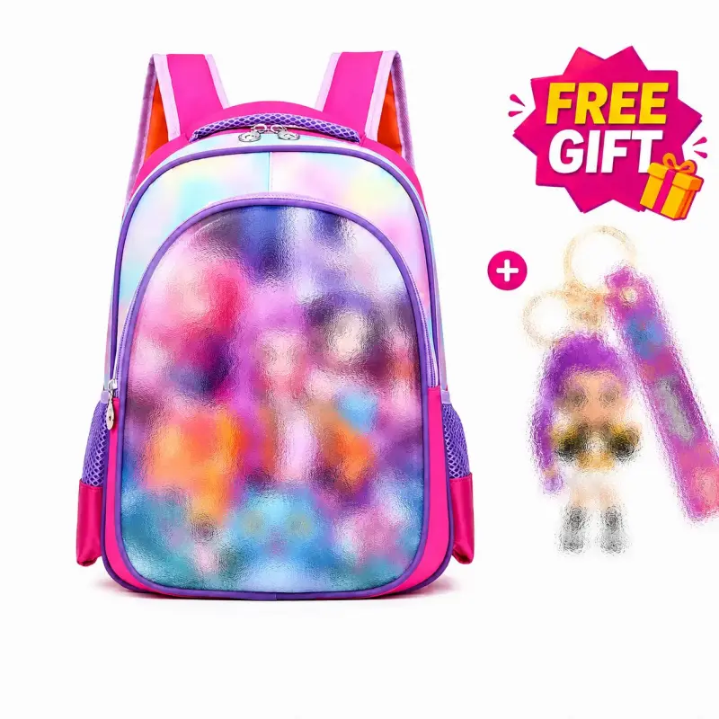 Kids Backpack Gift for Girls, Cute Pink Purple Rainbow School Bag with Fun Cartoon Graphic, Front Zipper Panel and Mesh Side Pockets, Everyday Daypack for School, Travel, Birthday, Christmas, Back to School, Holiday Gift for Daughters and Grandkids