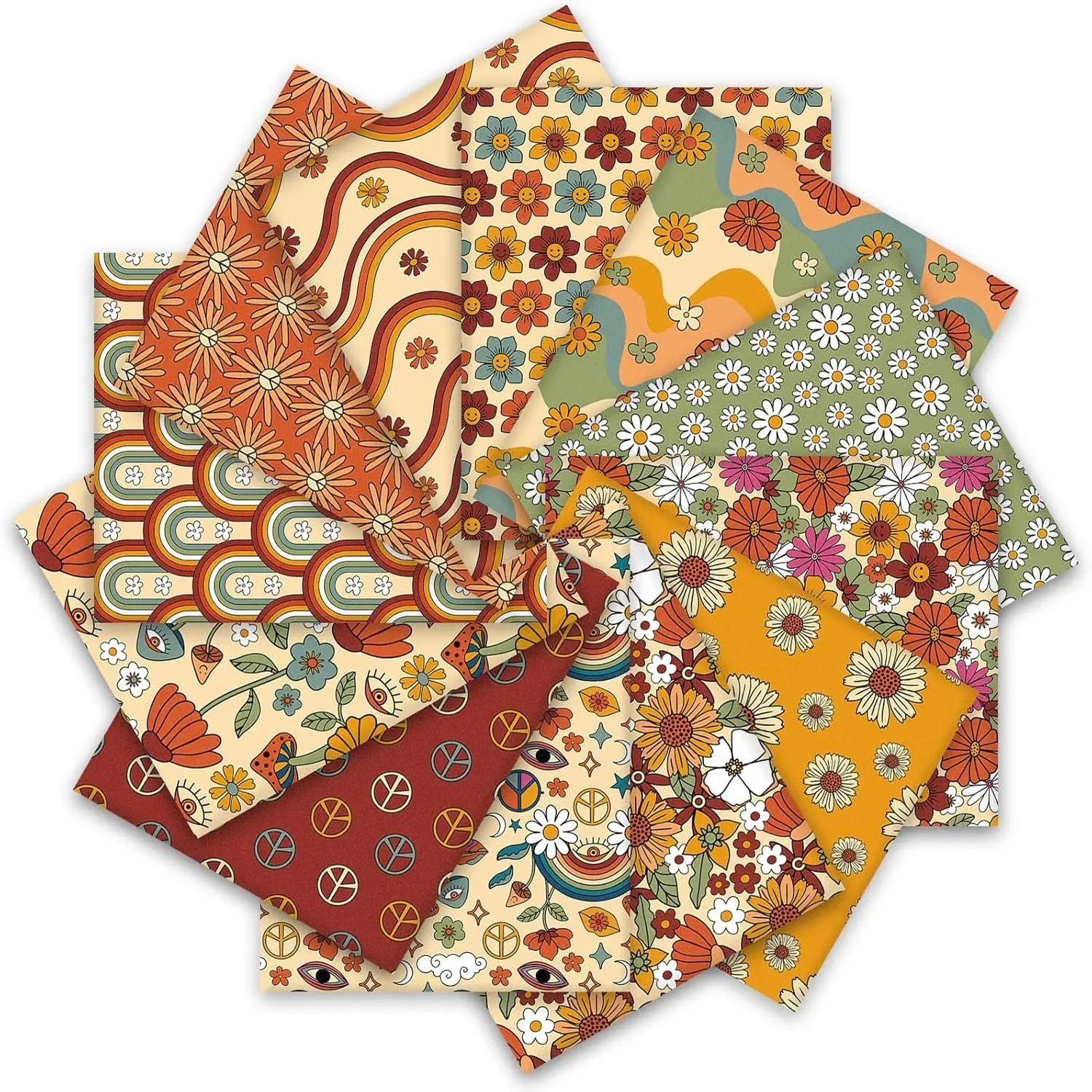 12Pcs Boho Retro Floral Cotton Bundles 18 x 22 Inch Hippie Groovy Boho Fat Quarter Quilting Patchwork Square Sewing for Fall Autumn DIY Craft Home Decor