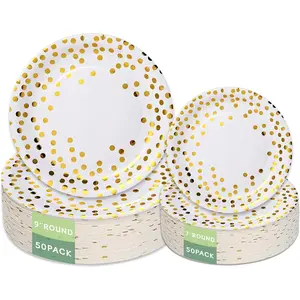 100 Count Eco Compostable Gold Foil Polka Dots White Disposable Paper Plates 9 inch and 7 inch for Easter Birthday Wedding Party Daily Use