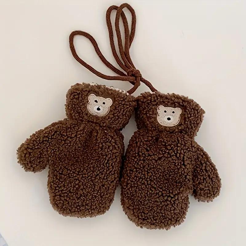 Kids Plush Winter Gloves with Neck Hanging Loop - Thick Warm Thermal Mittens for Boys & Girls 2-5 Years, Soft Brown/Beige/Gray/Black, Cozy Everyday & Play, Easy On/Off Design, Ideal for Christmas & New Year's Gifts, Adorable Plush Material for Boys & Girl