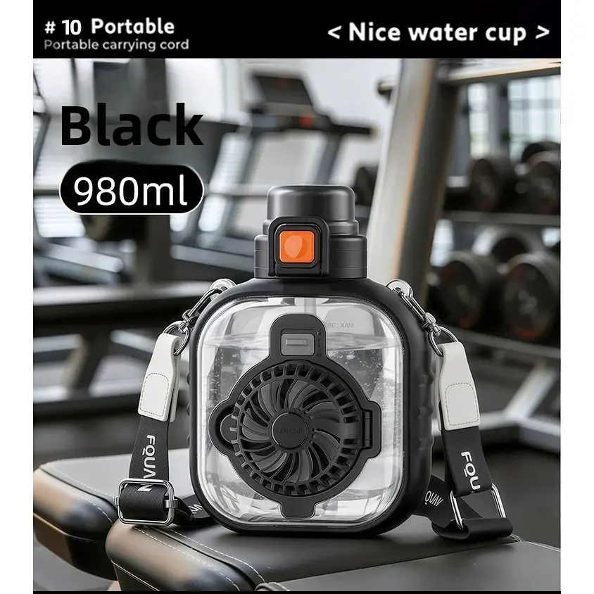 Single Bottle Summer Outdoor Cooling Water Bottle with Mini Portable Fan, Portable Size Straw Drinking Cup for Sports Travel
