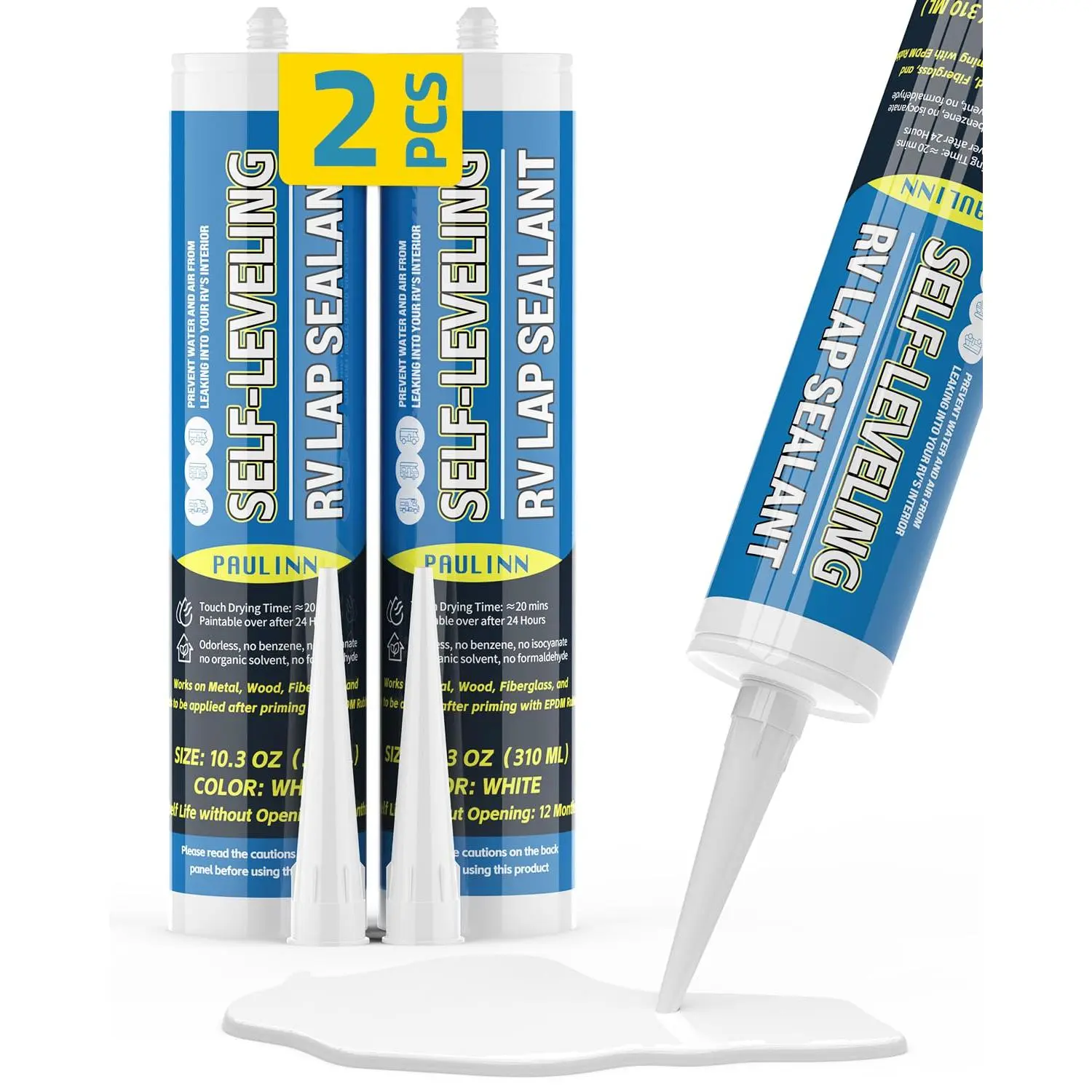 2-Pack Self-Leveling RV Roof Sealant, White Lap Sealant for RV Roof Repairs, EPDM Compatible, Fiberglass OK, UV Resistant, Waterproof, Odorless & Indoor-Safe RV Caulking