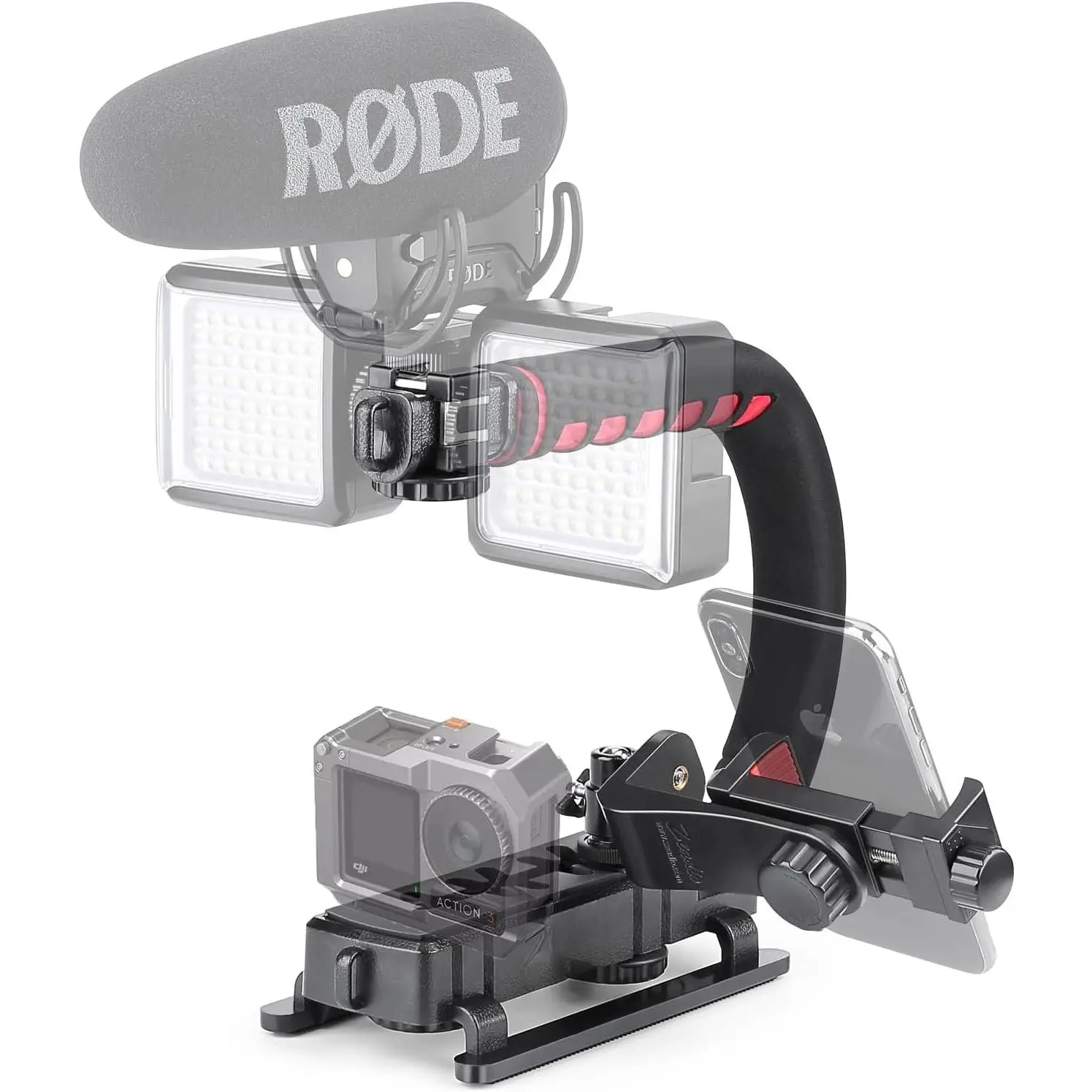 Video Handheld Stabilizer, Triple Cold-Shoe Handle Grip with Smartphone Holder、360° Ball  Mount, Compatible with  Camera  Camera DSLR Smartphone