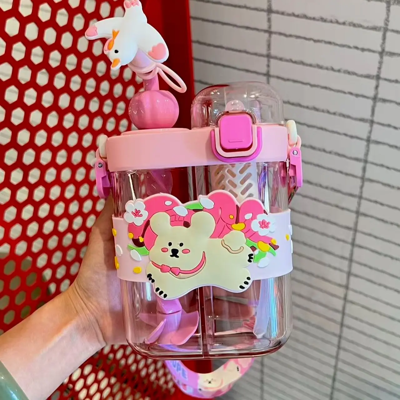 Double Drink Cup for Kids, Summer Cute Large Capacity High-Profile Separated Straw Cup, Portable Water Bottle for Girls and Elementary Students, Drinkware