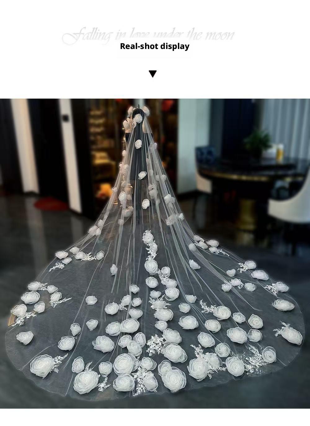 Luxury-style long veil with dreamy, elaborate floral designs and a cathedral-style train