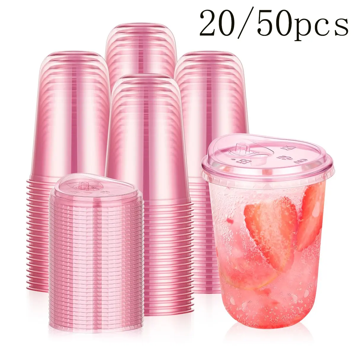 20/50 Pcs 12oz Plastic Cups with Straw Lid, Round Bottom Plastic Cups with Lids, Disposable Round Bottom Ice Coffee Cups, Portable Beverage Cups for Cold Drinks, Valentine's Day Party Supplies