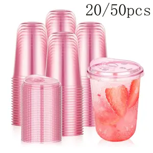 20/50 Set 12oz Plastic Cups with Straw Lid, Disposable Round Bottom Ice Coffee Cups, Portable Beverage Cups for Cold Drinks, Valentine's Day Party Supplies