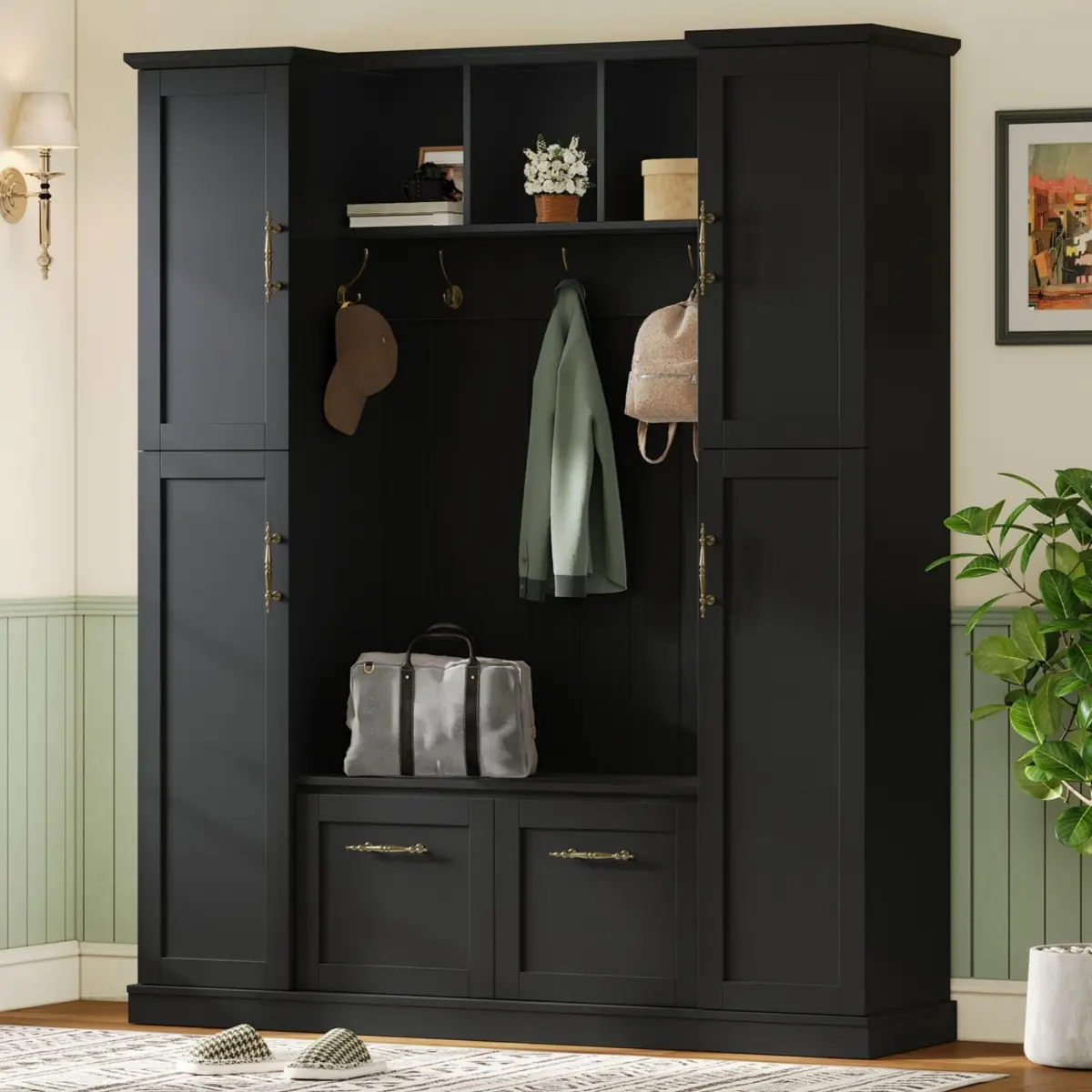 Farmhouse Elegant Hall Tree with 4 Side Cabinets, All-in-One Mudroom Furniture with Adjustable Shelves & Open Cubbies, Beadboard Entryway Bench with Coat Rack & 5 Hooks for Hallway, Black