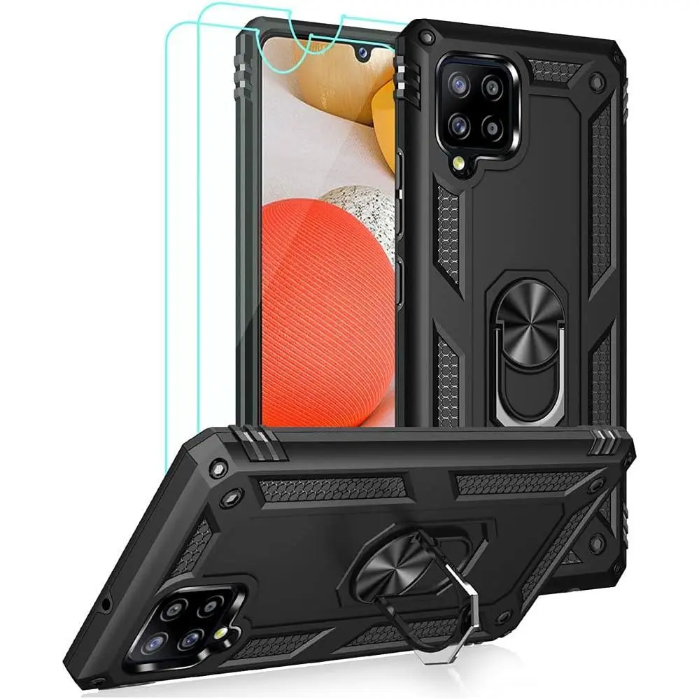 Cellular Phone Case for Samsung Galaxy A42 5G, Heavy Duty Protection with Metal Ring Holder Kickstand, Black