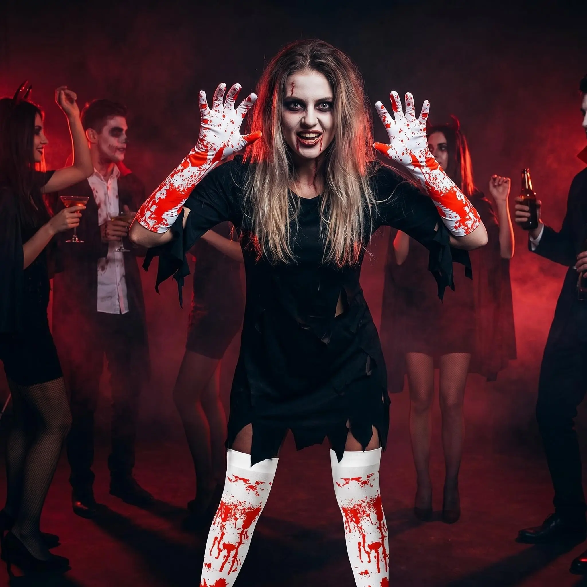 Halloween Bloody Print Socks Gloves Set, 2-Piece Costume Accessory, Perfect for Horror Themes, Ideal for Parties & Events