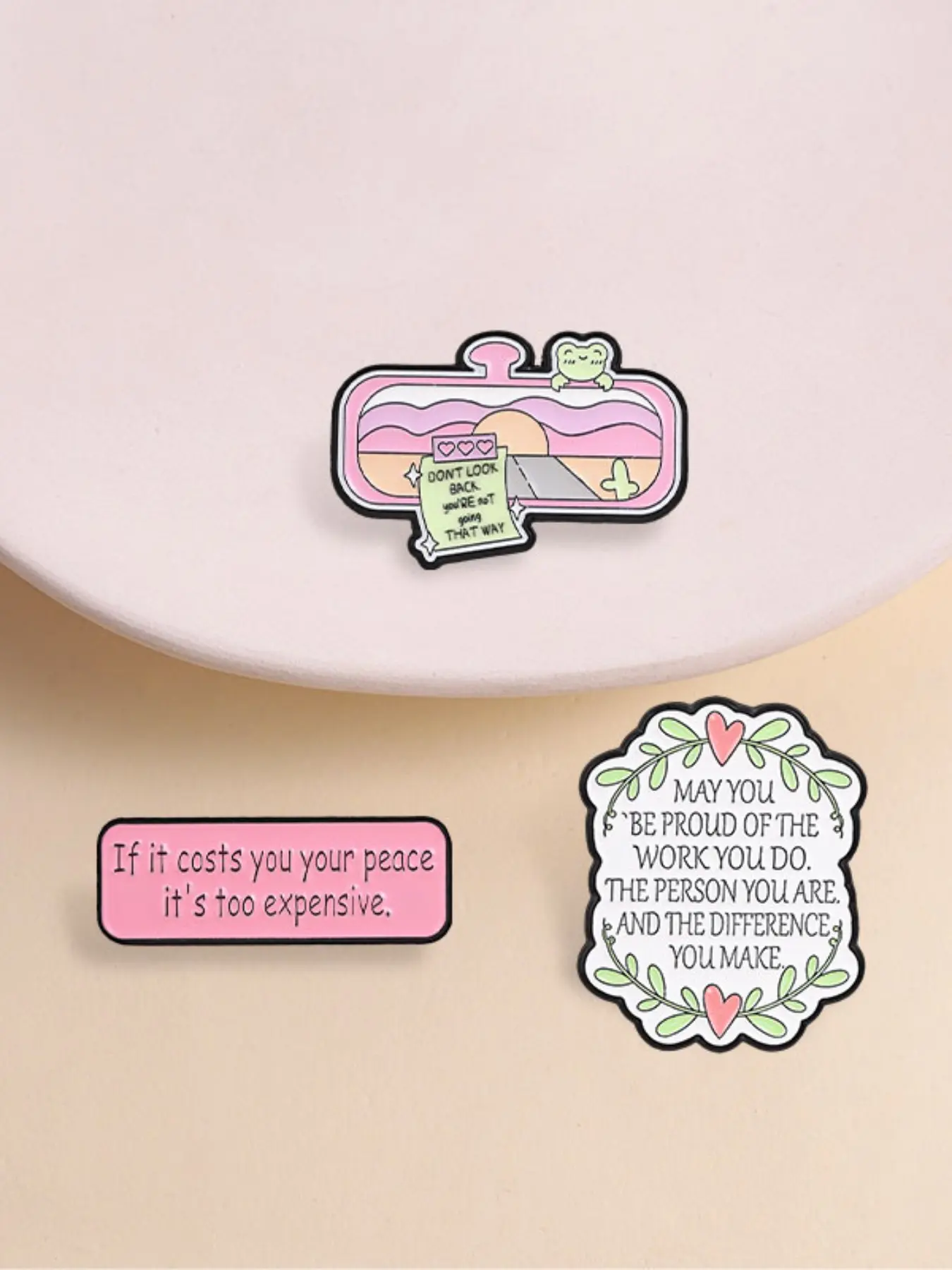 3pcs Positive Healing Text Enamel Pin, Enamel Lapel Pins, Floral Frame, Frog Scenery, Encouraging Mental-health Quote Pin, Fashion Accessory, Gift for Friend