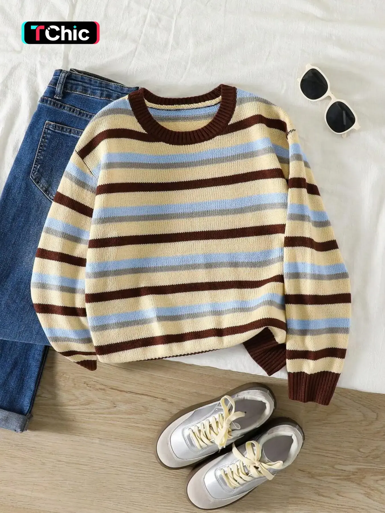 Striped Retro Knit Round Neck Women's Pullover, Fall Winter New Design, Unique Style, Loose Fit, Comfortable Fashion, Versatile Striped Knit Top