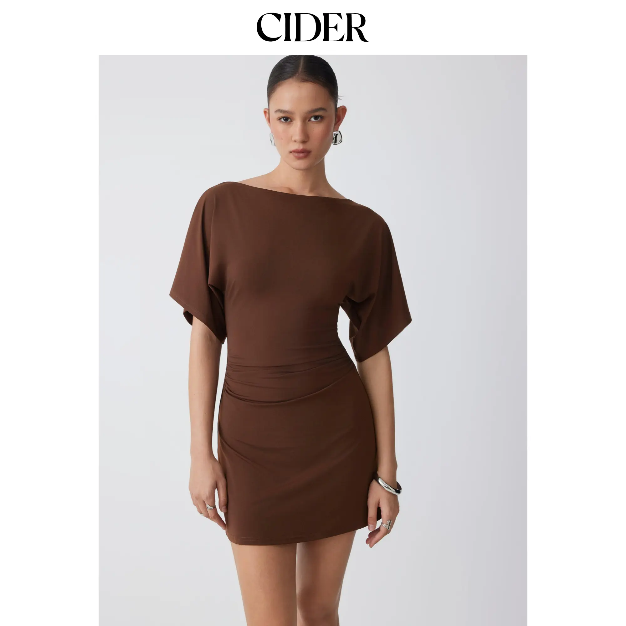 Cider Boat Neck Short Sleeve Ruched A-line Mini Dress SummerFinds