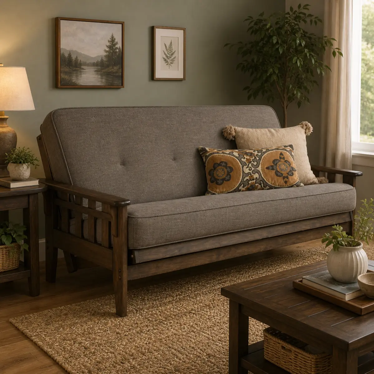 Rustic Style Full-size Futon Frame in Walnut Finish Includes Linen Stone Mattress