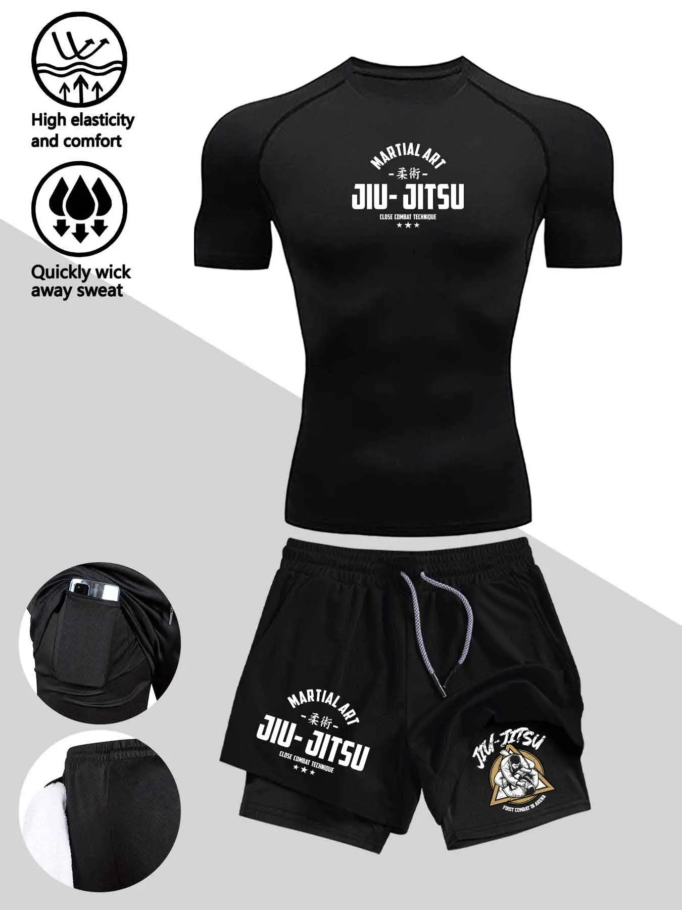 Men's Jiu-Jitsu Fitness Two-Piece Set, Short Sleeve Top + Dual-Layer Shorts, Quick-Dry Sportswear for Running, Gym, Soccer, Hiking, Gymwear