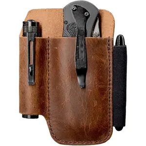 EDC Leather Knife Sheath Storage Bag with Pen Loop Full Grain Leather Maroon