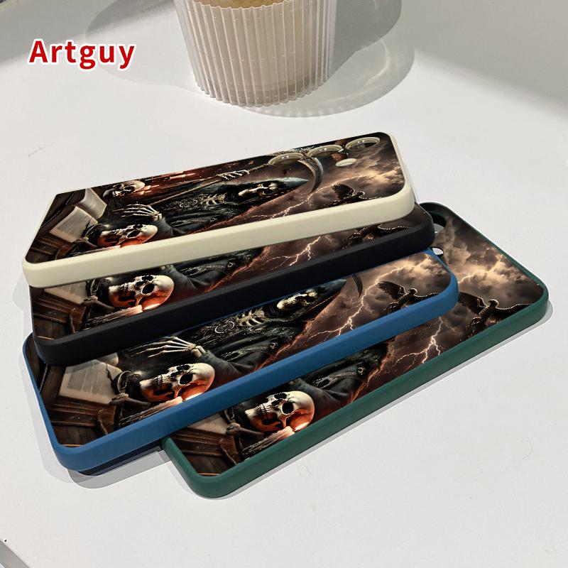 Grim Reaper Pattern Straight Edge Phone Case Compatible with Samsung S24 ultra plus S25 S23 S22 Ultra Plus Shockproof Full Camera Protection Durable Slim Silicone Cover