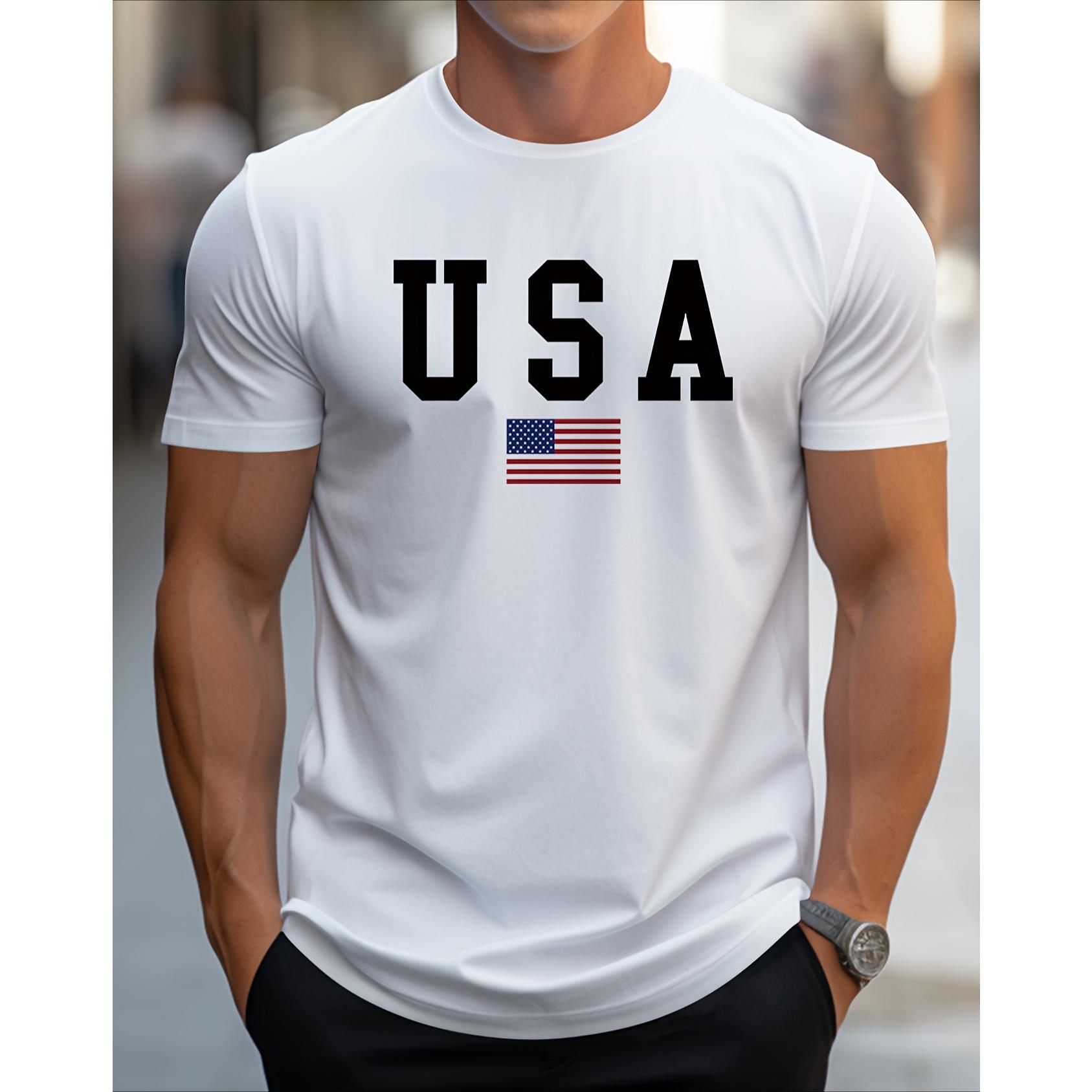 Men's Patriotic American Flag Print Cotton T-Shirt - Pure cotton, round neck, short sleeves, slightly stretchy knit fabric, regular fit, comfortable for all seasons, unisex, a great golf gift