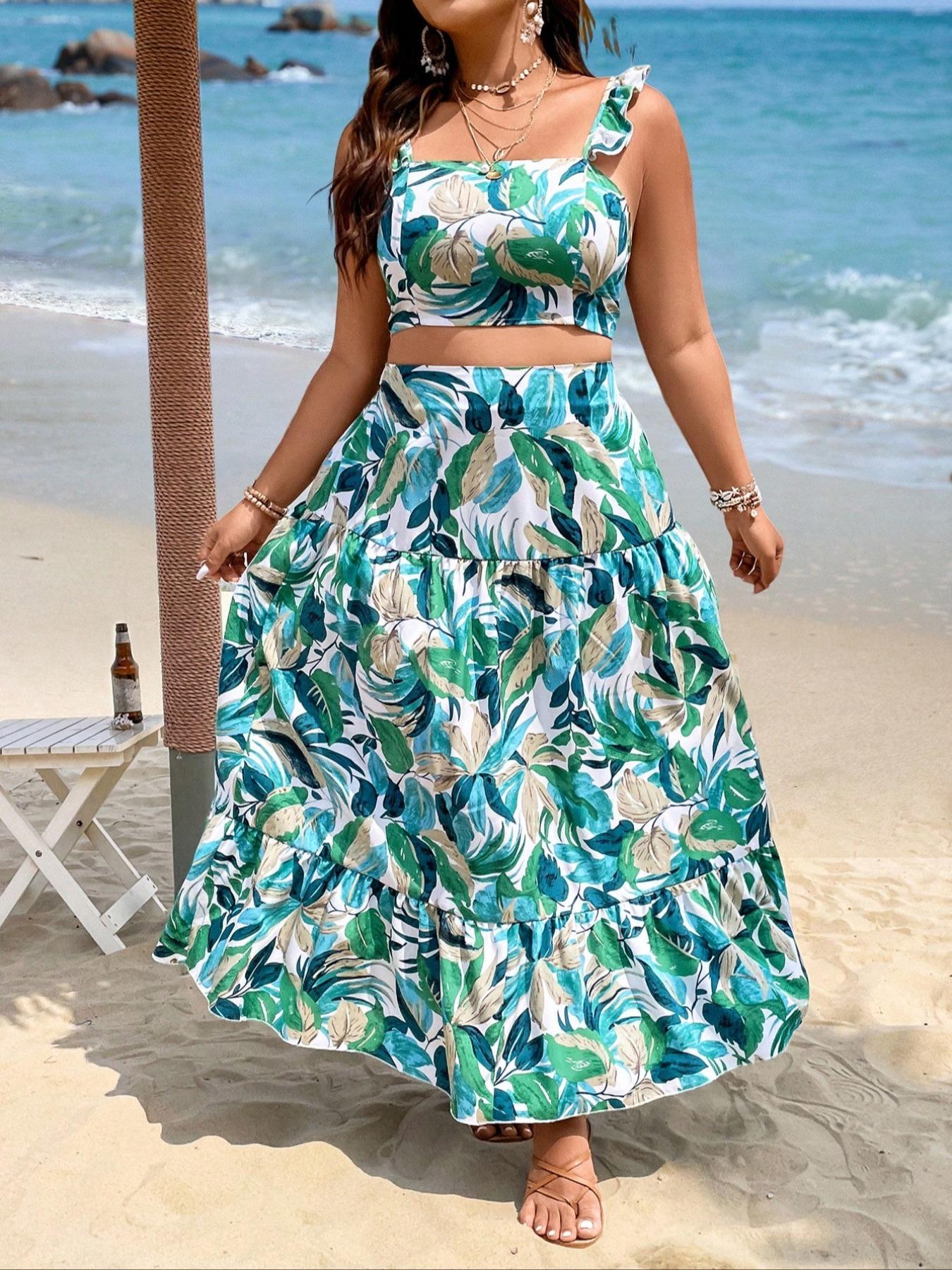 【Plus Size】 Leaf Print Crop Top & Skirt Set, Boho Bohemian Fashion Casual Two-piece Set for Beach Vacation Holiday, Women's Clothing for All Seasons