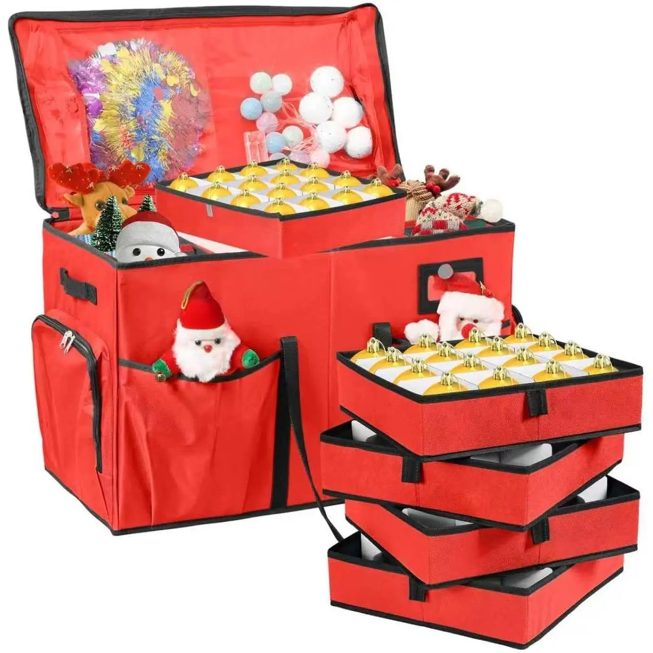 Christmas Ornament Storage Box 2-in-1 Christmas ornament organizer & Christmas Figurine Container 5 Trays 6 Adjustable Christmas Figurine Storage Grids Red