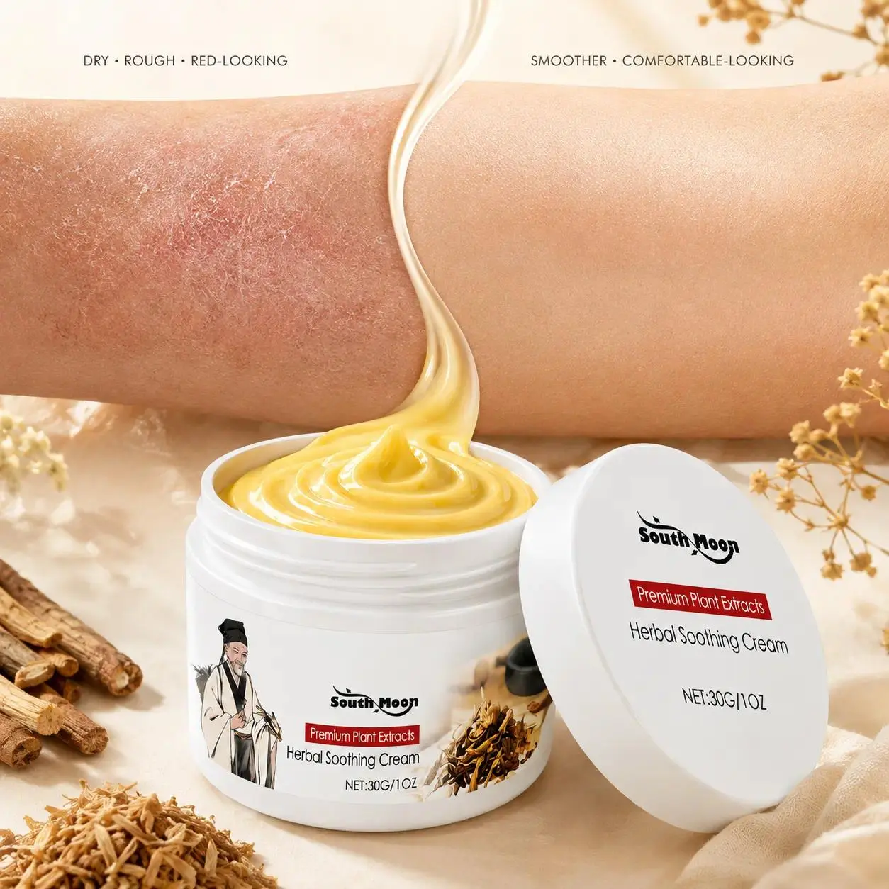 Herbal Soothing Cream, Botanical Skin Care Formula with Plant Extracts, Moisturizing Body Cream for Dry Skin, Gentle Daily Care for Soft & Smooth-Looking Skin, 30g