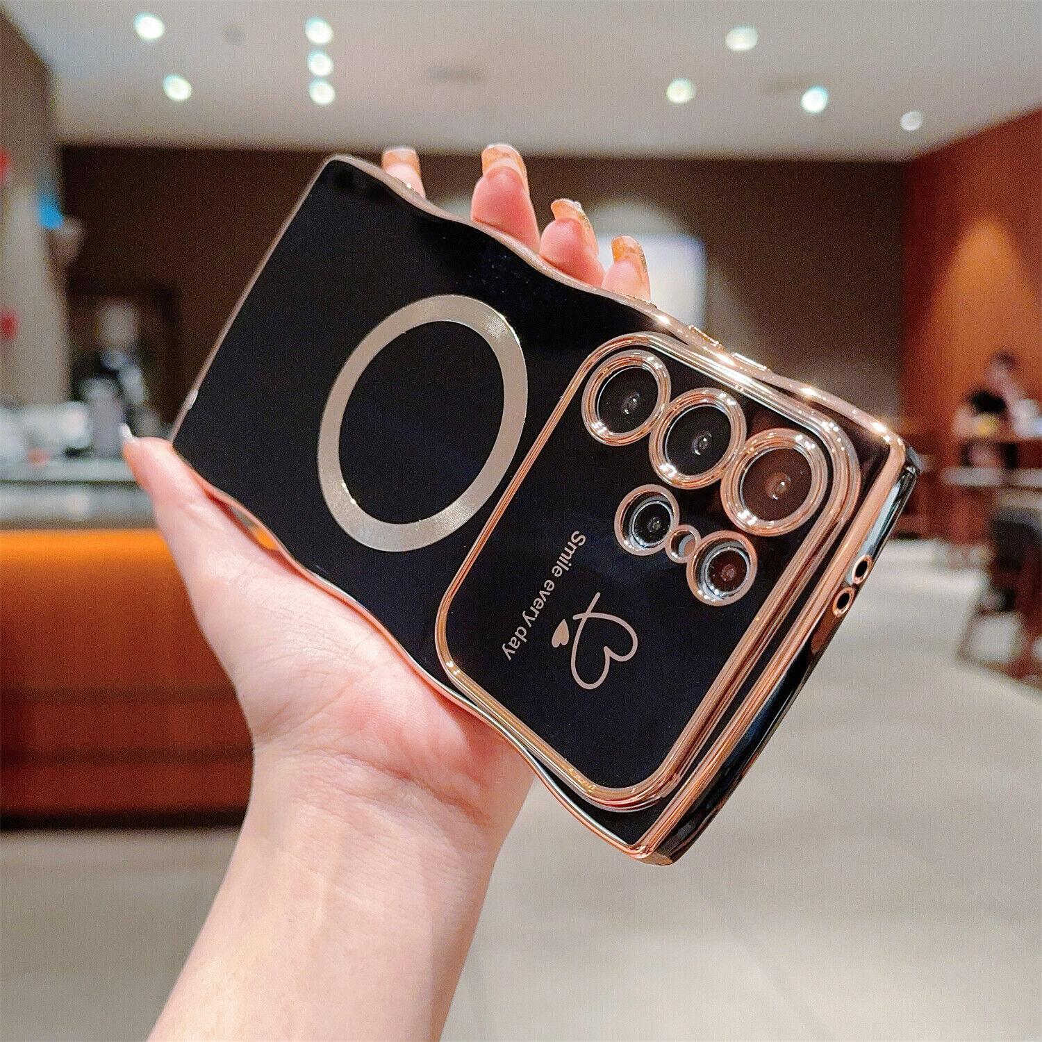 For Samsung Galaxy S24 S23 S22 Case Magnetic,for Women Girls Soft Cute Wave Frame Curly Shape Love Heart Luxury Plating Phone Case Compatible with MagSafe Shockproof Back Cover