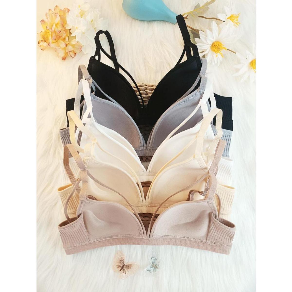 Women's Summer Basic Solid Wireless Bra, Lingerie for Women, Casual Comfortable Adjustable Strap Push Up Bra for Summer Daily Wear, Softness Lingerie Outfit for All Seasons Cotton Fabric Strapless Bras Elegant Medium Knit