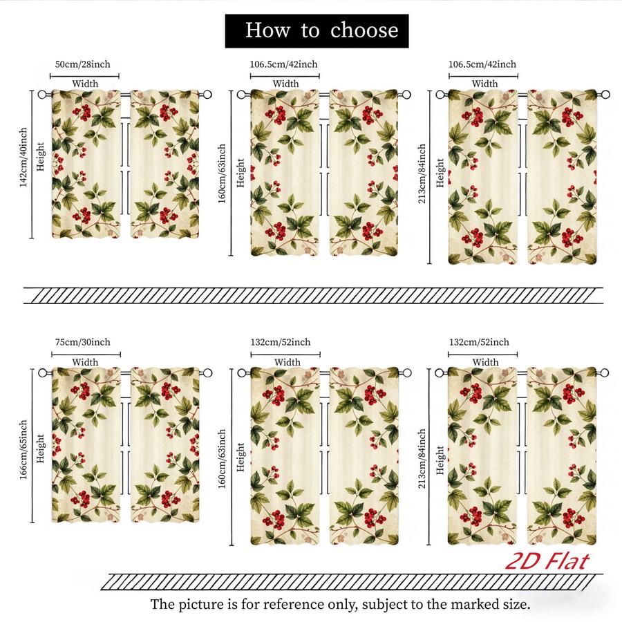 2Pcs Vintage Botanical Berry Leaf Pattern Sun Blocking Curtains Digital Printed Rod Pocket for Bedroom Office Kitchen Living Room Study Home Decor Multiple Sizes Soft Light Filter Easy Installation