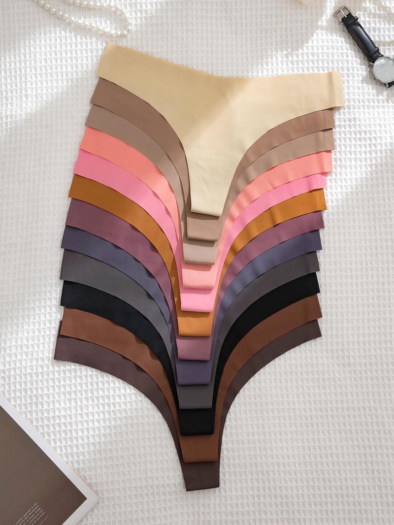 Women's 12pcs Solid Color Seamless Thong, Soft Comfy Breathable Drop Waist Panty for Daily Wear, Underwear for All Seasons