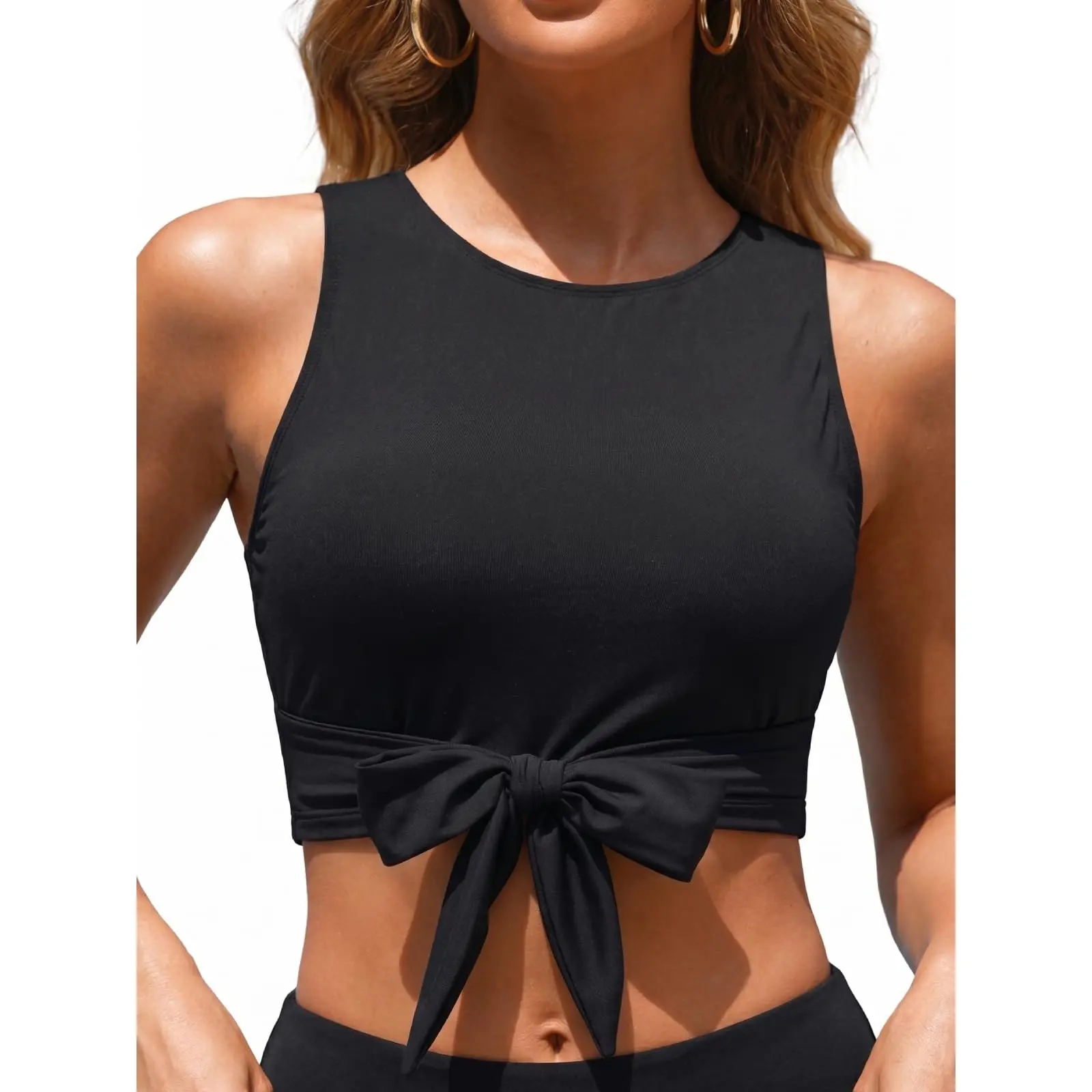 Tempt Me Crop Top Swim Bathing Suit - Women Bikini Swimsuit Top High Neck Bra Tie Knot Top Only