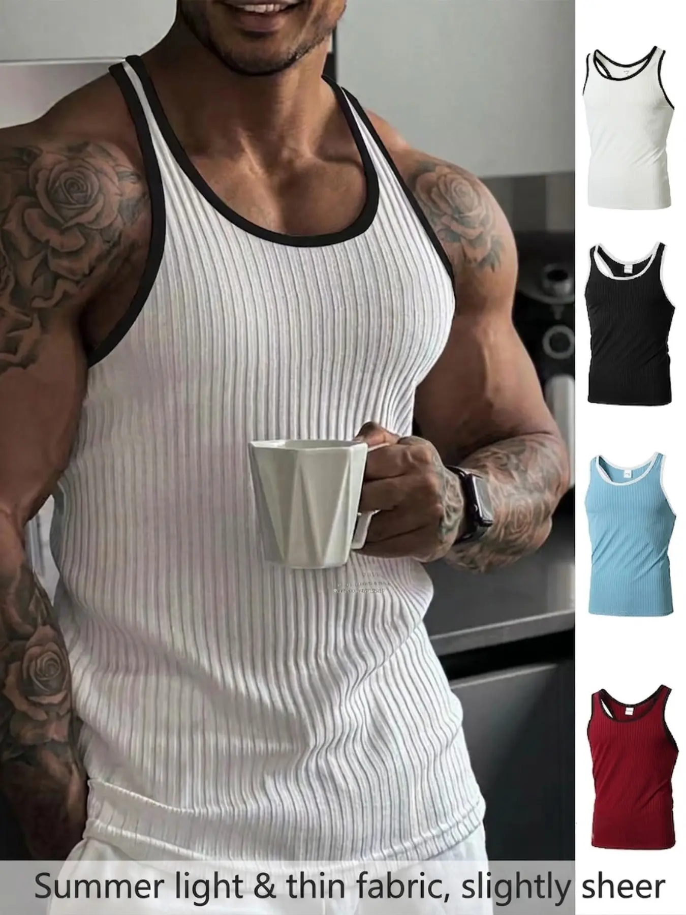 Men's Contrast Binding U-Neck Ribbed Textured Stripes Slim Fit Vest, Sleeveless Top for Summer, Wear Alone or Layer, Wardrobe Essential, Menswear