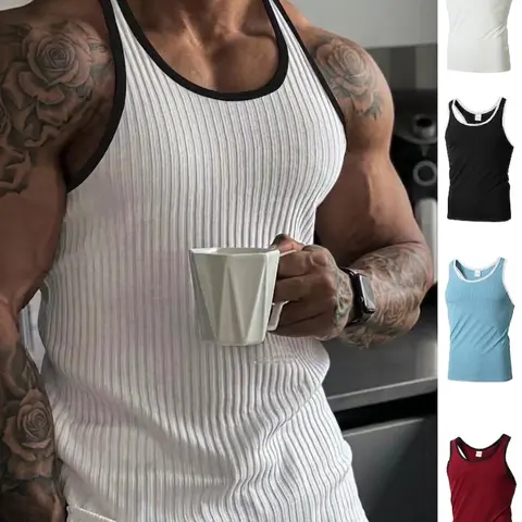 Men's Contrast Binding U-Neck Ribbed Stripes Slim Fit Vest, Sleeveless Top for Summer, Wear Alone or Layer, Wardrobe Essential, Menswear, Sporty Fitted Vest