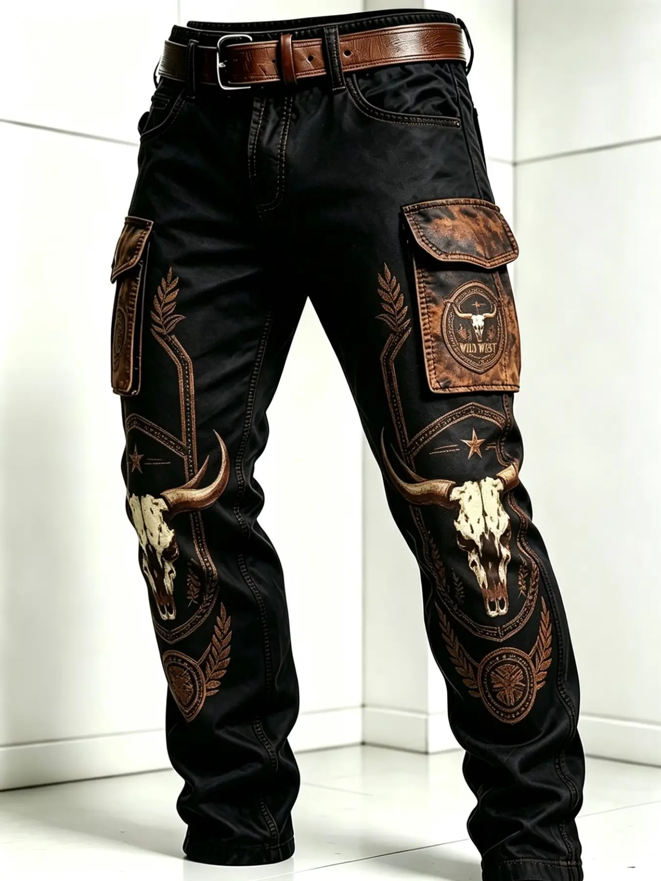 Large Size Men's Western Retro Digital Print Cargo Pants, Bull Skull Pattern, Casual Outdoor Commute, Ankle Length, Slim Fit, No Belt