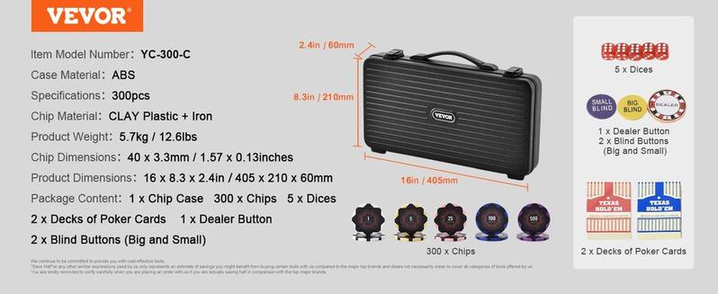 VEVOR Poker Chip Set, 300-Piece Poker Set, Complete Poker Playing Game Set with Carrying Case, Heavyweight 14 Gram Casino Clay Chips, Cards, Buttons and Dices, for Texas Hold'em, Blackjack, Gambling VEVOR Poker Chip Set, 300-Piece Poker Set, Complete Poker Playing Game Set with Carrying Case, Heavyweight 14 Gram Casino Clay Chips, Cards, Buttons and Dices, for Texas Hold'em, Blackjack, Gambling
