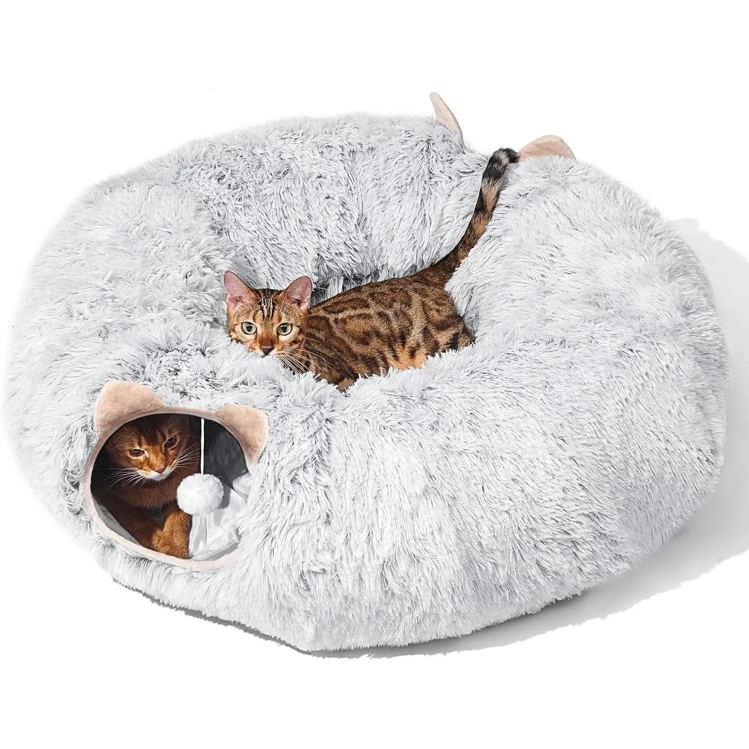 Soft Plush Cat Tunnel with Cat Bed for Indoor Cats - Multifunctional Peekaboo Donut Cat Cave Tunnel Playground Toys Hideaway for Kittens Rabbit Ferret, Ideal for Under Christmas Tree (Grey)