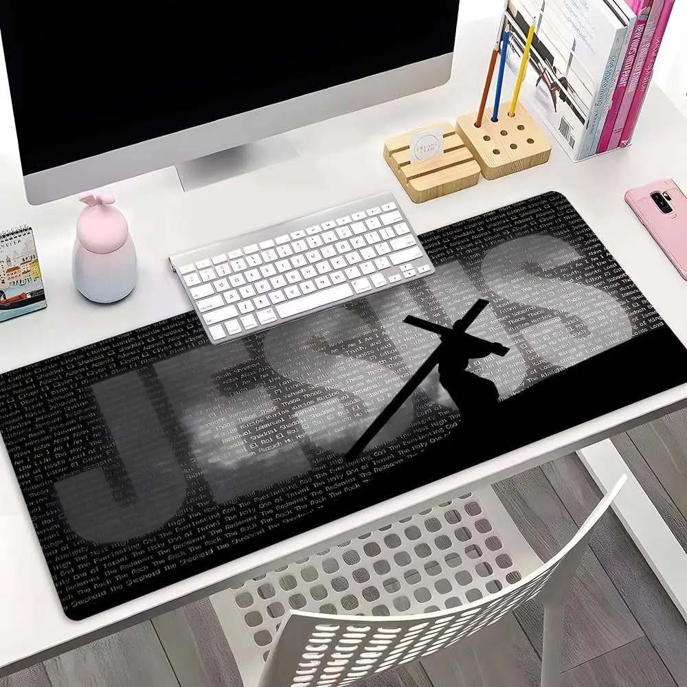 Jesus Cross Bible Verse Large Extended Gaming Mouse Pad, Black White Religious Scripture Text Desktop Protector, Smooth Surface Non-Slip Rubber Lock Edge HD Print, Suitable for Gaming, Office & Gift for Family Friends Colleagues