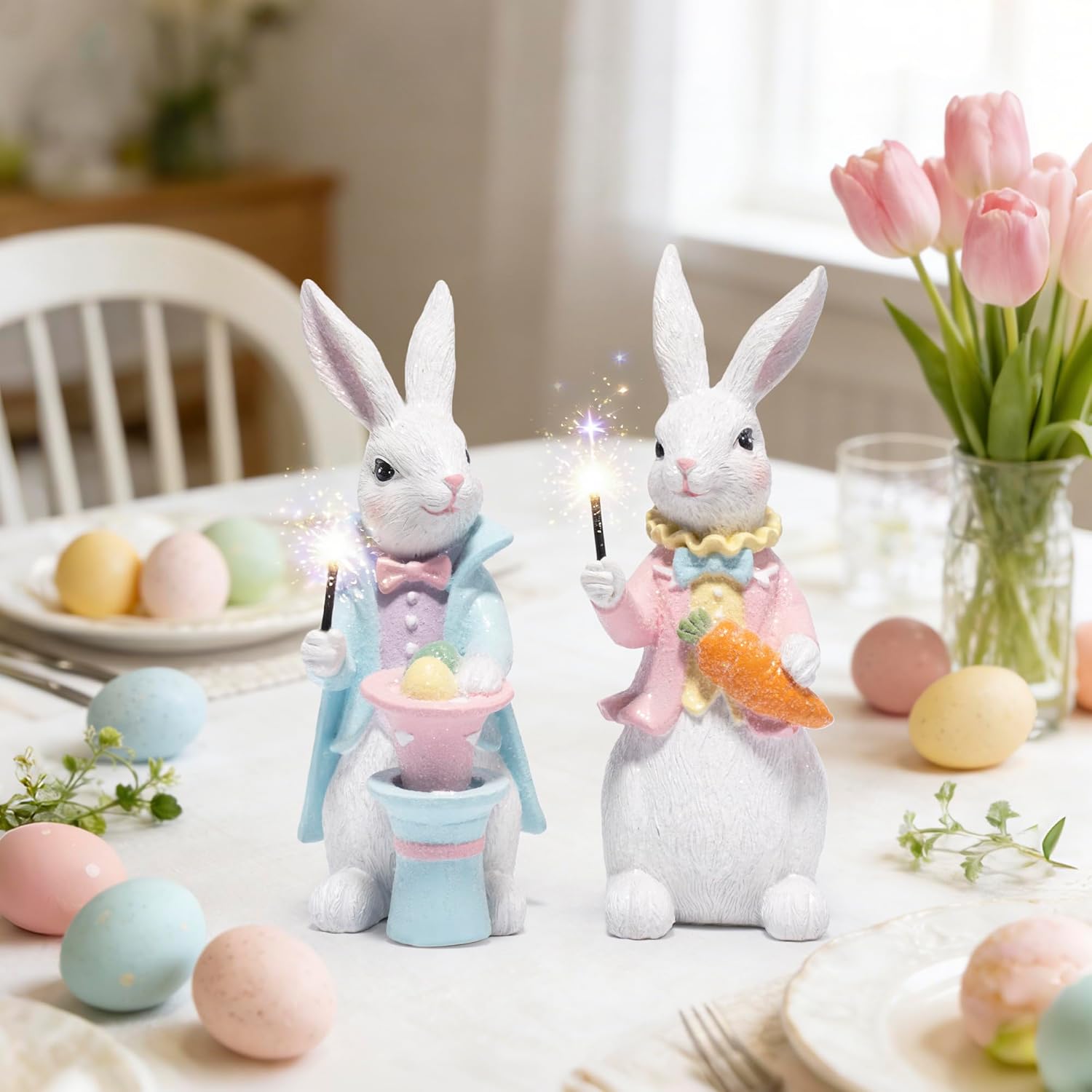 Easter Bunny Figurines Set, Whimsical Holiday Decor, Resin Tabletop Ornaments for Indoor Home Decoration, 2 Piece