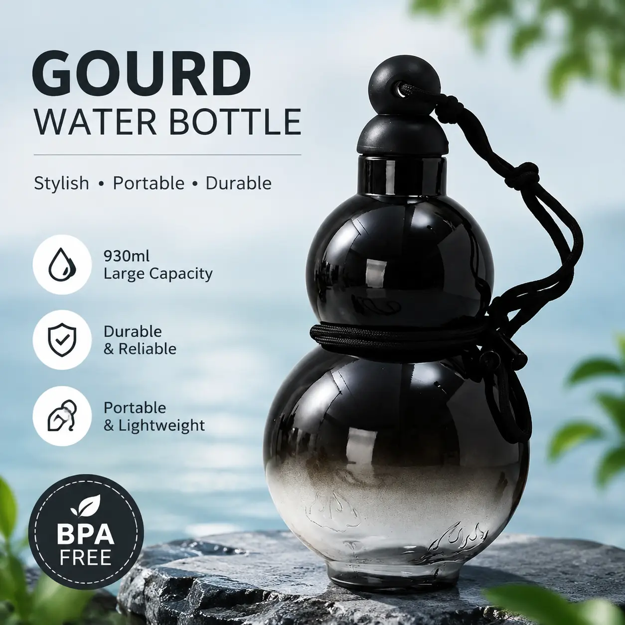 Gourd Water Bottle, 930 ml Sports Travel for Gym, Style Bottle,Gourd Drinking Cup Jug Portable Large Capacity Durable(Round headed version).