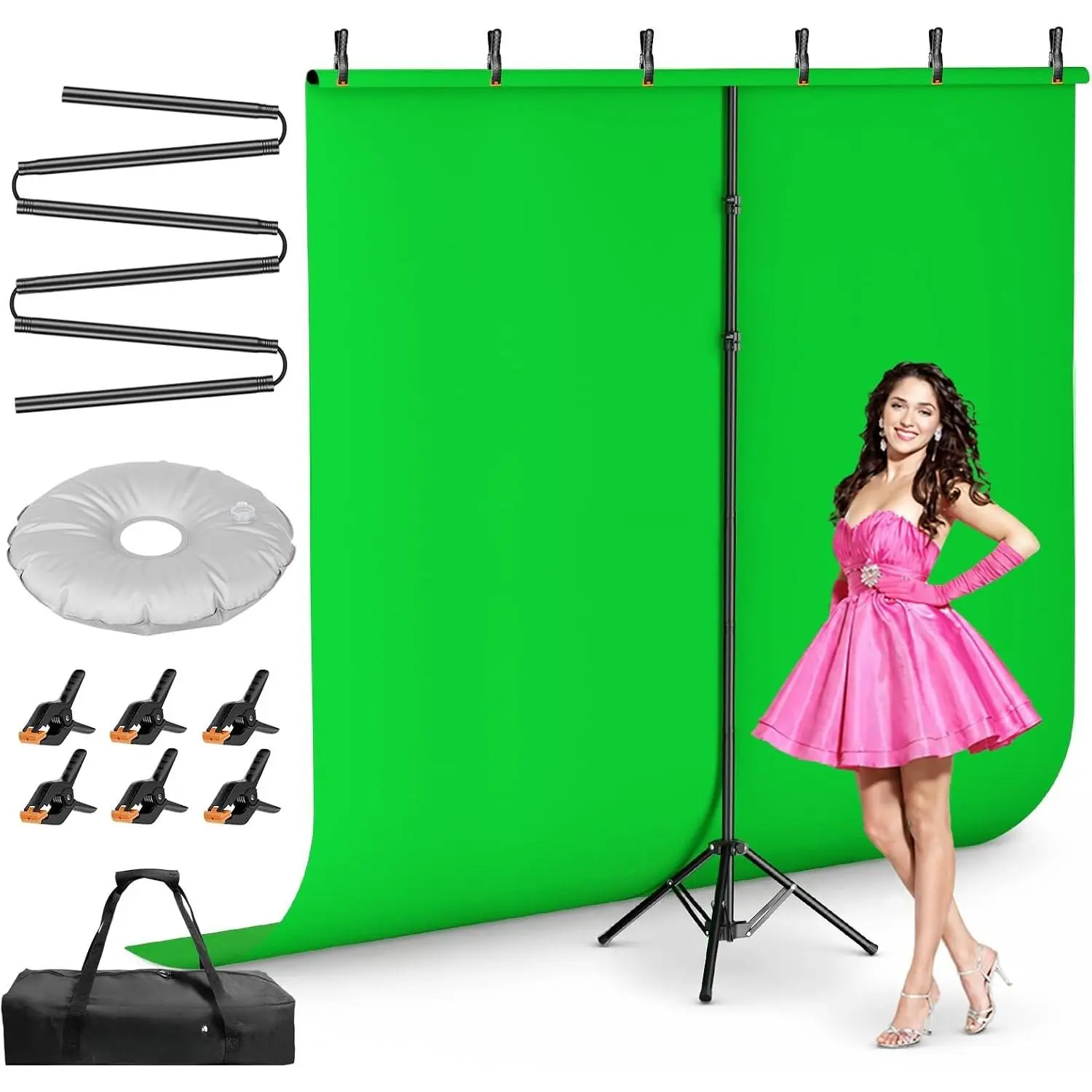 7x8ft Portable Fabric Chroma Key Green Screen Backdrop Kit, 7.5ft Adjustable T-Shape Stand, Reverse Folding Base, Crossbar, 6 Clamps, Carry Bag for Content Creators, Photography Camera Accessories, Synthetic