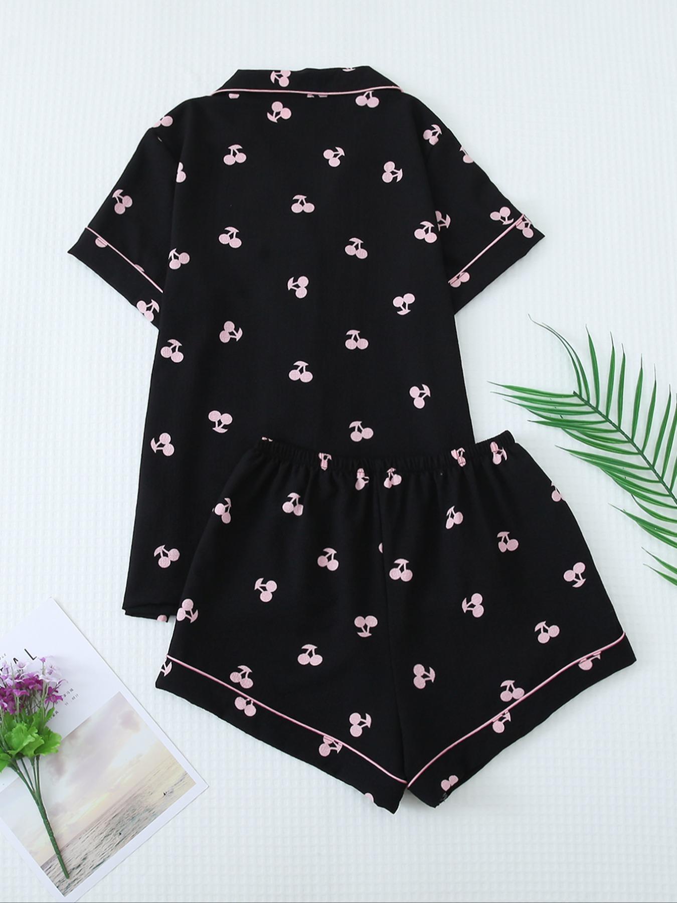 Two-Piece Set Women's Cherry Print Contrast Binding Lapel Shirt & Bow Decor Shorts Pyjama Set, Button Front Short Sleeve Sleep Top & Elastic Waist Shorts PJ Set, Summer Sleepwear Set for Ladies, Pajamas, Loungewear