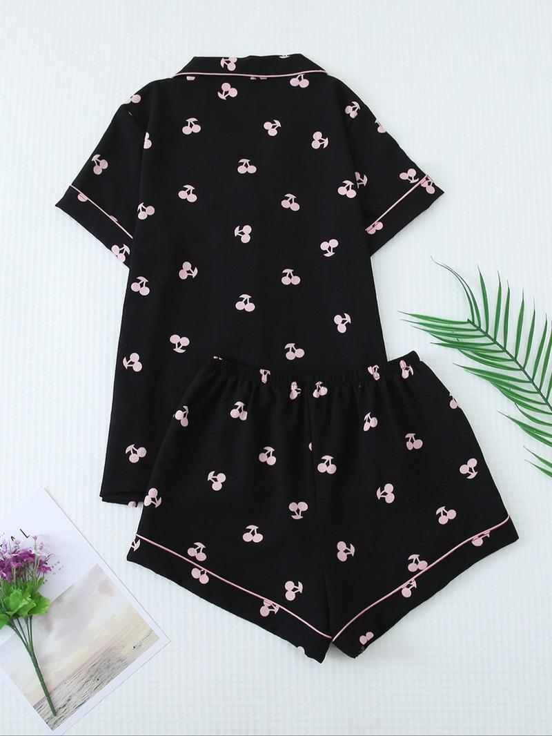 Two-Piece Set Women's Cherry Print Contrast Binding Lapel Shirt & Bow Decor Shorts Pyjama Set, Button Front Short Sleeve Sleep Top & Elastic Waist Shorts PJ Set, Summer Sleepwear Set for Ladies, Pajamas, Loungewear
