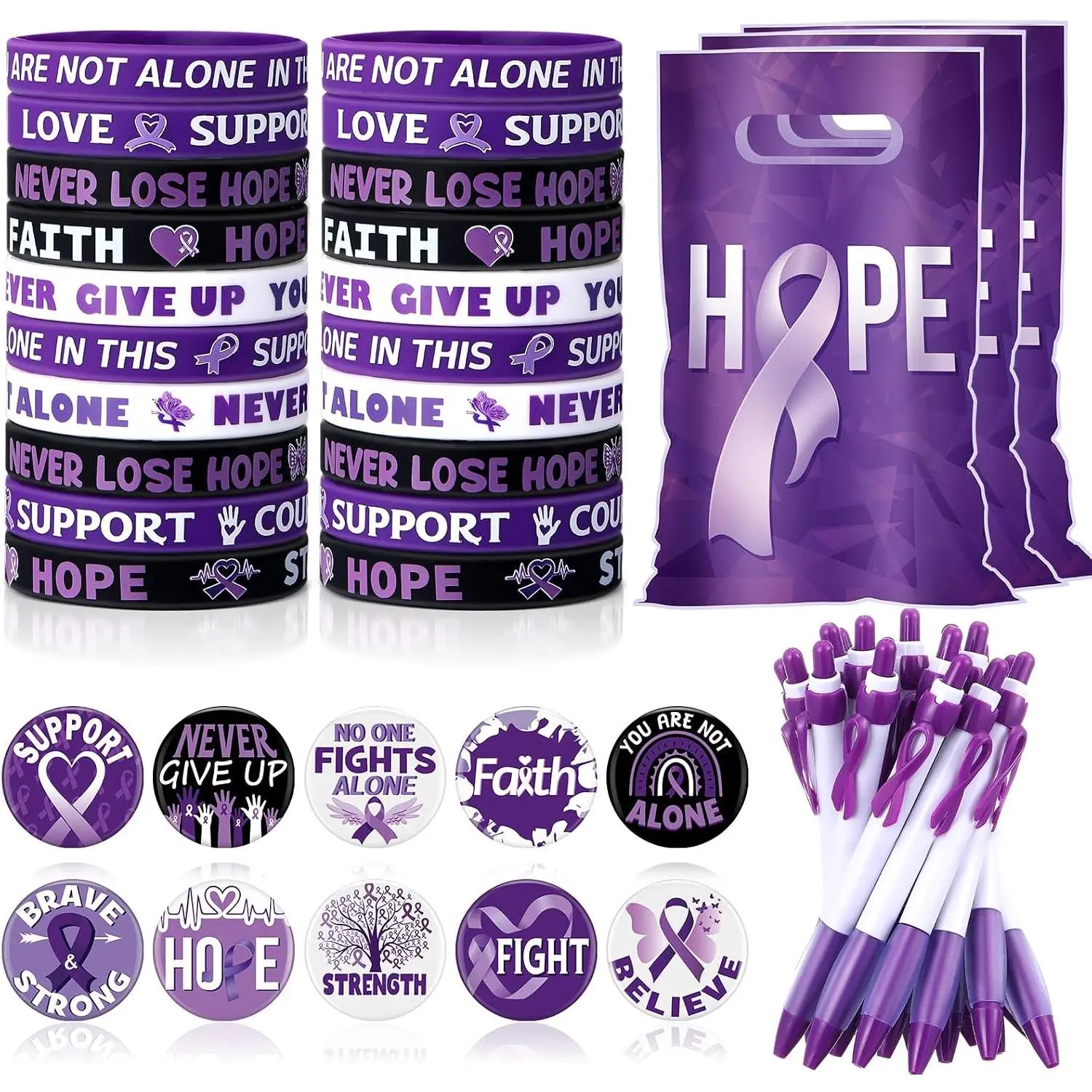 200 count  Ribbon Awareness Accessories, Include 50 Ribbon  Bags 50  Awareness Wristband 50 Pen 50 Button Pin for Campaign Support Supplies