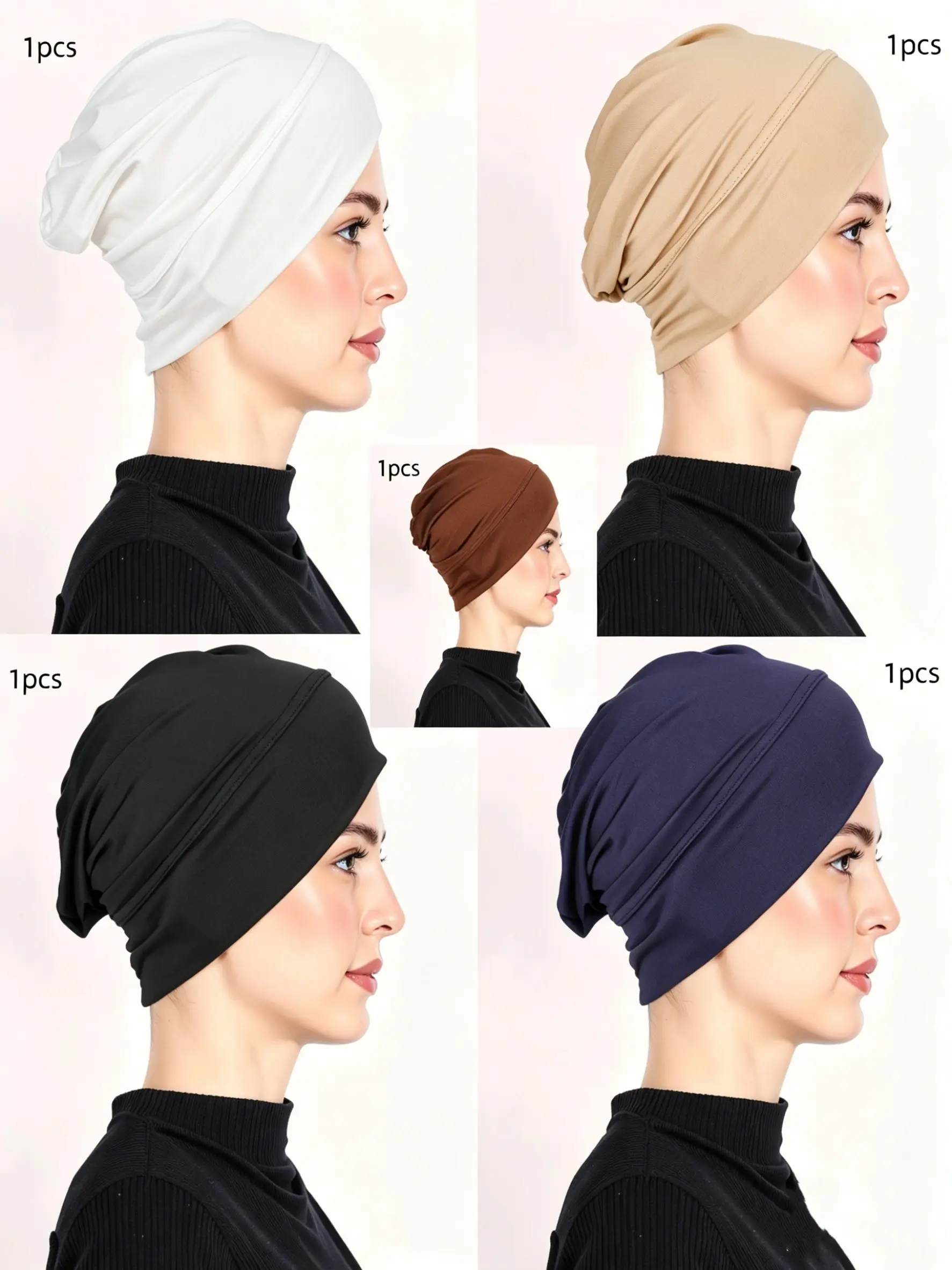 5pcs Soft Stretch Hijab Undercap for Women, Solid Color Ninja Inner Cap, Breathable Non Slip Muslim Head Wrap, Daily Wear