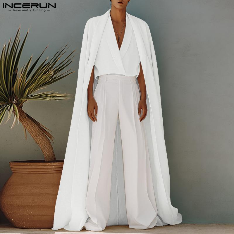 INCERUN Men's Avant-garde Cross Collar Solid Color Cape False Two-piece Long Shirt