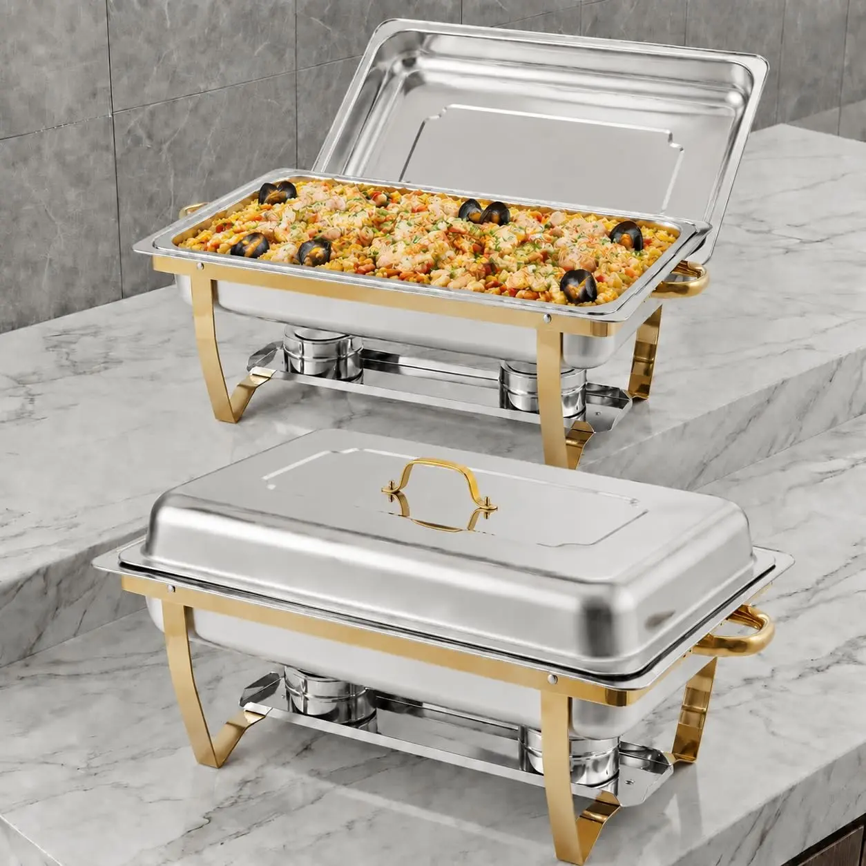 【GARVEE】2 Pack 8 Qt Stainless Steel Chafing Dishes with Lids – Rectangle Buffet Warmers and Food Serving Sets – Gold for Catering, Parties, and Buffet Displays