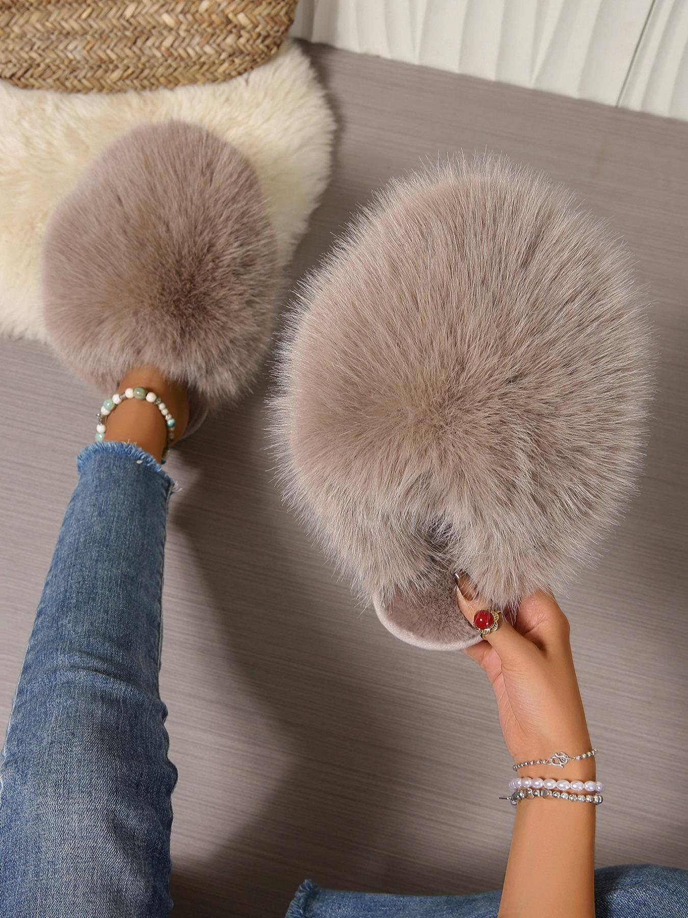 Women's Solid Color Fluffy Plush Slippers, Casual Soft Comfortable Home Slippers, Warm Slippers for Indoor & Outdoor Use for Fall & Winter